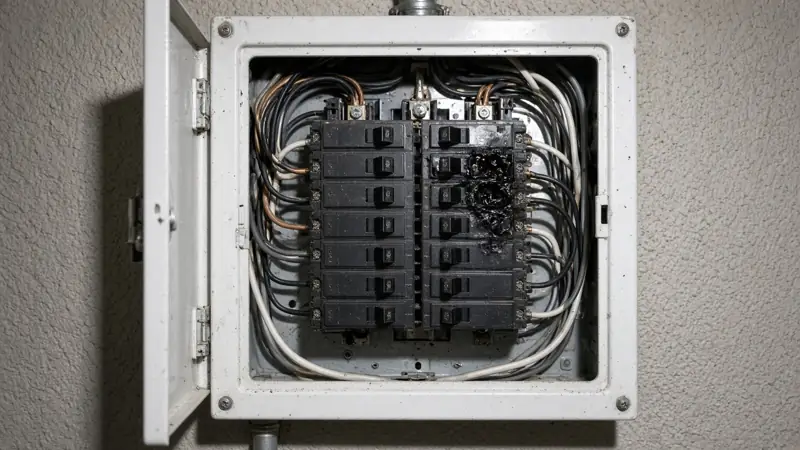 Electrical panel with a scorched breaker